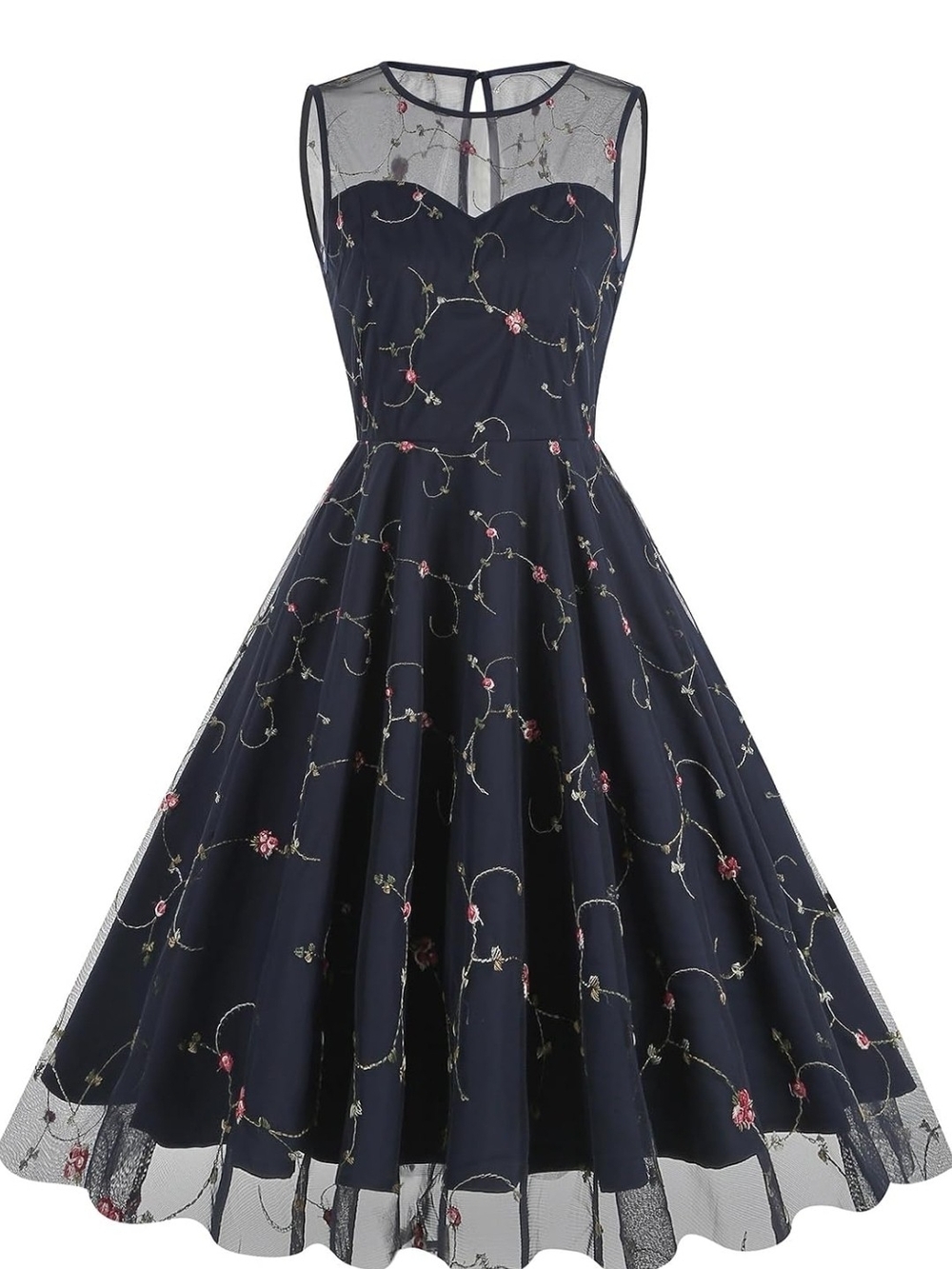 Elegant Navy Midi Cocktail Dress with Pink Floral Embroidery LARGE